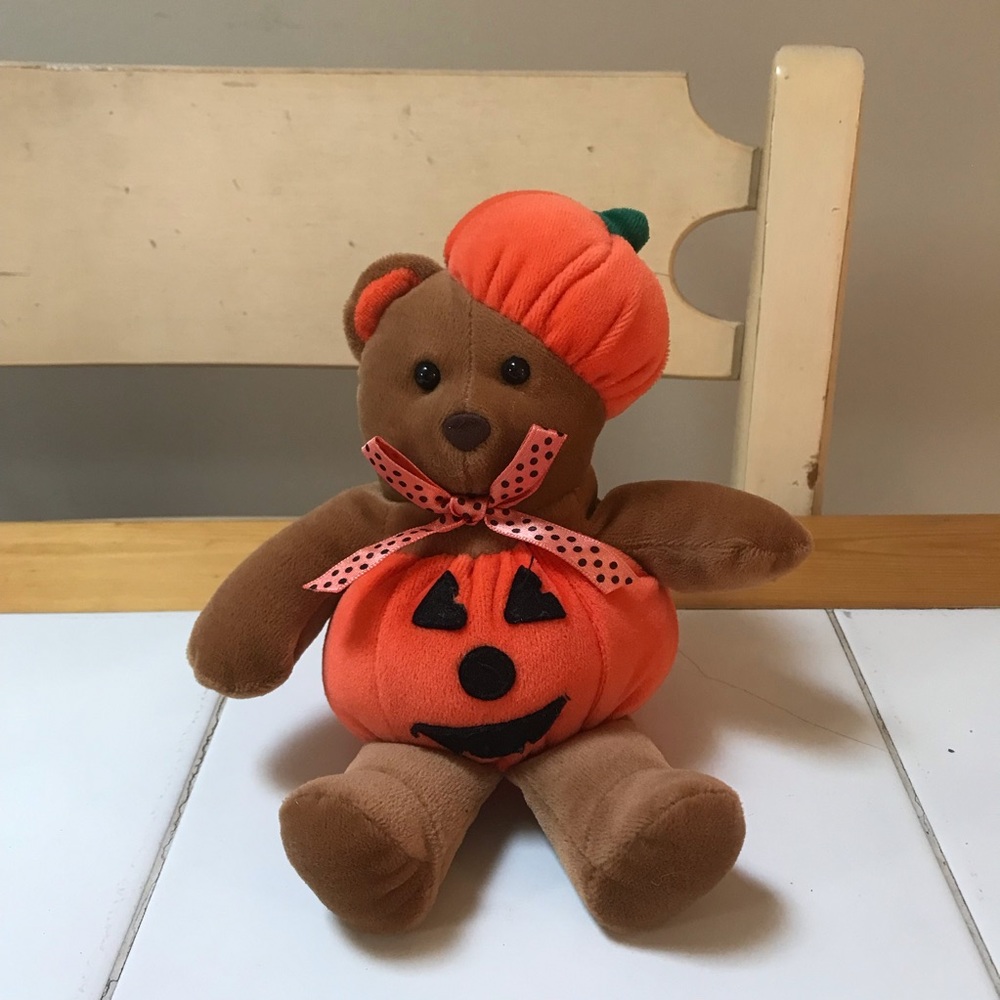 Vintage Jack-O-Lantern Bear Stuffed Animal — Halloween / Holiday / Toy / Pumpkin